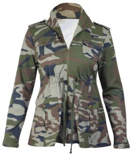   Camouflage Long Sleeve Jacket Womens Army Pocket Zip Coat Plus Size