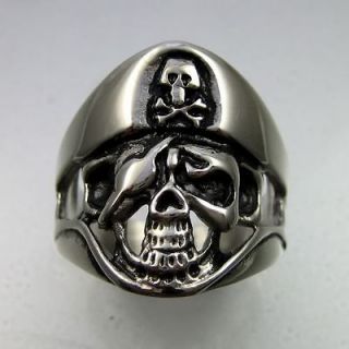 Biker Black Silver Stainless Steel Skull Pirate Captain Mens Ring Size 