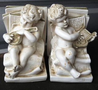   PLAYING HARP BOOK ENDS MUSIC UNIVERSAL STATUARY CORP CHICAGO VINTAGE