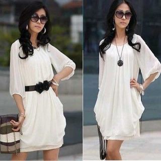 Fashion Korea white Womens l Chiffon Short Sleeve Mini Dress sz XL 