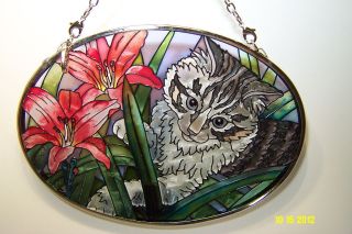 AMIA Stained Glass Suncatcher Tiptoe Thru The Lilies Cat  Small Oval 