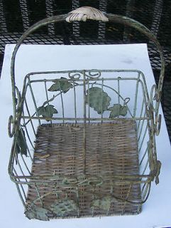   Wine Bottle Wire Basket with Wicker Bottom & Grape Pods & Leaf Design