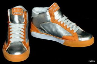   NEW Lacoste Orange & Silver Estaban Space STM Text Hi Top Sneakers 11