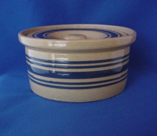 Yellow Ware Stoneware Butter Crock with Blue Stripes and Lid
