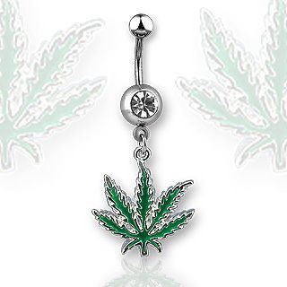   Clear CZ Green Pot Leaf 316L Surgical Steel Dangle Belly Ring Weed