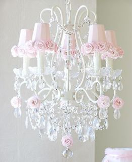 Crystal chandelier with Pink rose shades~Shabby Cottage Chic~Girl 