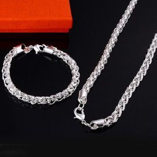 Mens fashion jewelry set solid silver thick chain necklace bracelet 