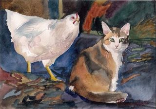 print of watercolor painting calico cat kitty chicken from russian
