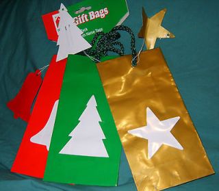 Lot of 3 Small Cut Out Gift Bags w/ Tags Gold Star Green Tree Red Bell 