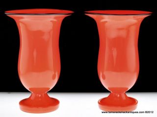   Art Deco Kralik Tango Red Czechoslovakia Trumpet Vases Black Rims 7