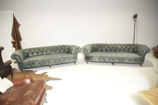 Exceptional Pair of Fully Coil Sprung Vintage Green Leather 