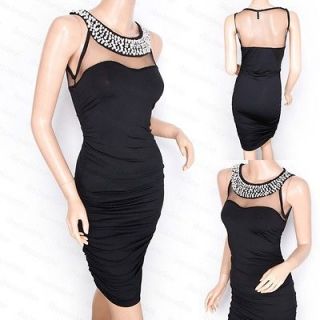New Elegant Black Faux Pearl Jeweled Fitted Evening Pencil Dress 8/10