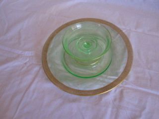 vintage green vaseline glass plate and under dish time left