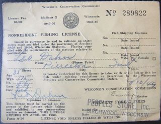 Vintage WISCONSIN CONSERVATION COMMISSION NONRESIDENT FISHING LICENSE 