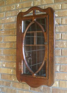   Vintage Pine Glass Front Carved Wood Medicine Cabinet Wall Curio Shelf