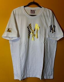 New MLB New York Yankees baseball gold logo white mens cotton t shirt 