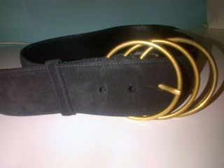 YVES SAINT LAURENT Suede Triple Brass Ring Belt Black & Gold S 70 cm 