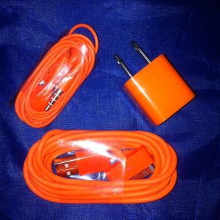 ft Long Orange Charger Cord w Earbuds AC Wall Charger iPhone 3G 4 4S 
