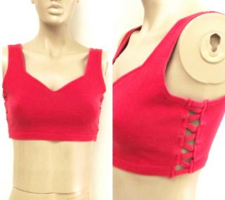 Red 80s Vintage Short Stretch Crop Cropped Top Shirt Tank Sz L Fly 