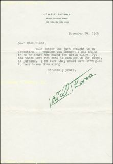 LOWELL J. THOMAS   TYPED LETTER SIGNED 11/24/1965