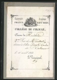   Bookplate Universite de France Academie Haut Rhin College Colmar 1853