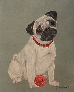 Pug Red Ball Original Acrylic Dog Painting Canvas Panel