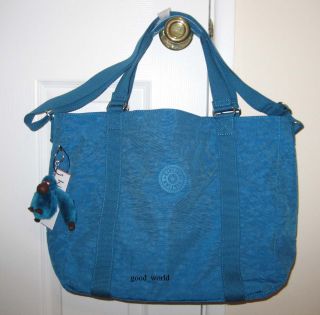 Kipling Adara Large Tote Bag Deep Sky Blue Crinkle Nylon w Monkey Key 