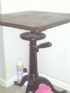   Square Top Pedestal Adjustable Table Cast Iron Leg Oak Top Nice