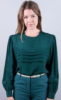 Adolfo Vtg 70s Incredible Pleat Hunter Green Pleated Silk Blouse Top s 