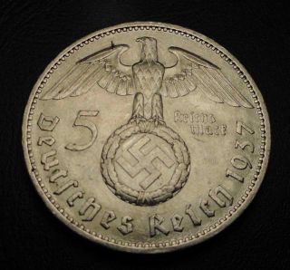   GERMANY 5 SILVER MARK COIN W NAZI SWASTIKA ADOLF HITLER REGIME ERA