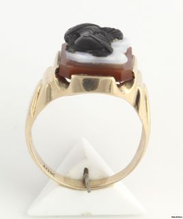 Vintage Carved Agate Cameo Carnelian Ring 10K Yellow Gold Black White 