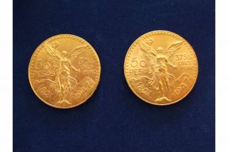 Two Authentic 50 Pesos Gold Centenario Coins 1947 2 4 oz 75 G 