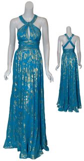 Aidan Mattox Turquoise Metallic Halter Gown Dress 4 New