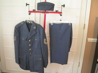 Vtg US Air Force Blue Uniform Coat Pants Garrison Hat Web Belt Vietnam 