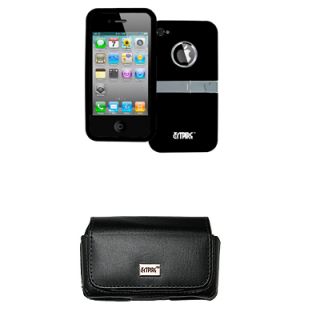 Black Stand Hard Case Cover Leather Side Pouch for Apple iPhone 4 4S 