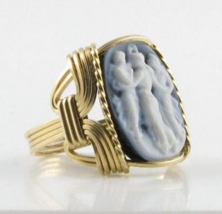 Three Dancing Graces Agate Cameo Ring 14k Rolled Gold