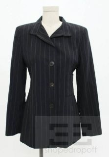 Akris Navy Blue & Tan Pinstripe Wool Blazer Jacket Size US 6