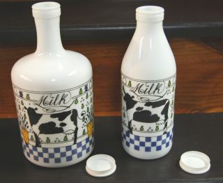 Set 2 Alan Wood 1982 Cow Farm Country White Milk Glass Bottle Jug Made 