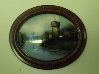 Antique Framed Oblong Reverse Painted Picture W Convex Glass Ship 