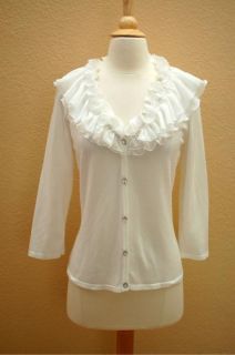Alberto Makali Shirt White Ruffle Jewel Top Cardigan Blouse Size L 