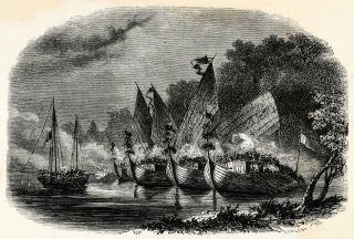 1879 Wood Engraving Pirate Fleet Philippine Islands Boat SHIP Harbor 