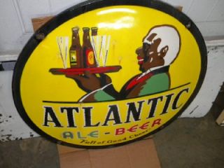 Old Atlantic Beer Heavy Porcelain Button Sign w/ Black Waiter Killer 
