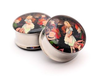 Pair of Alice in Wonderland Picture Plugs Style 1 Gauges Choose Size 