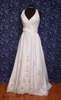 Alfred Angelo Light Ivory Satin w Champagne Lace Halter Wedding Dress 