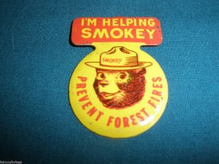 SMOKEY THE BEAR PIN BADGE IM HELPING SMOKEY PREVENT FOREST FIRES METAL 