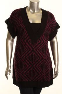 Alfani New Black Pattern Plunge V Neck Tunic Sweater Plus 2X BHFO 