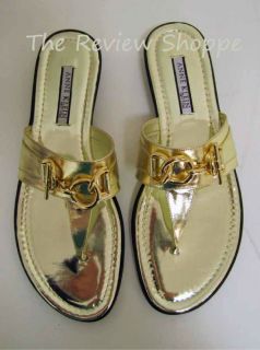 Anne Klein Alma Leather Thong Slides Sandals Shoes Gold Metallic 8 5M 