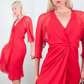 Halston Vtg 70s Red Silk Crepe Chiffon Cocktail Party Wrap Dress XXS 