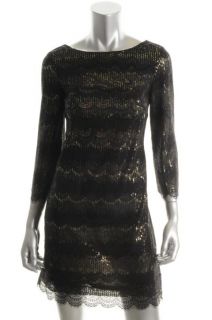 Ali Ro New Gold Black Sequined Lace Overlay 3 4 Sleeves Cocktail Dress 