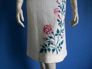 Vintage 60s Custom Made Nubby Knit Cream with Pink Roses Aline Dress 